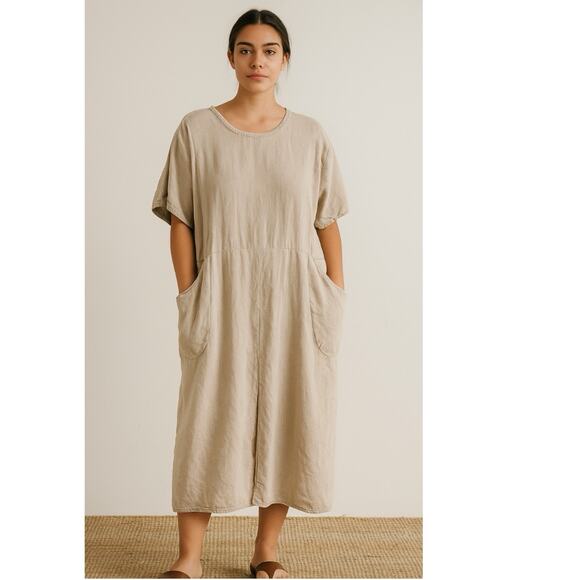 Flax Linen Midi Dress Natural Beige Oversized Sz Medium Lagenlook Artsy Coastal - Picture 1 of 10